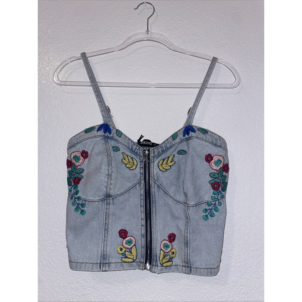 Blank NYC Large L Women’s Top Blouse Denim Embroidered Bustier Easter Feminine